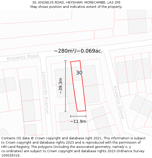 30, KNOWLYS ROAD, HEYSHAM, MORECAMBE, LA3 2PE: Plot and title map