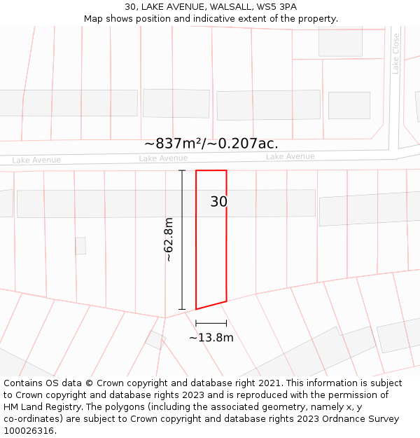 30, LAKE AVENUE, WALSALL, WS5 3PA: Plot and title map
