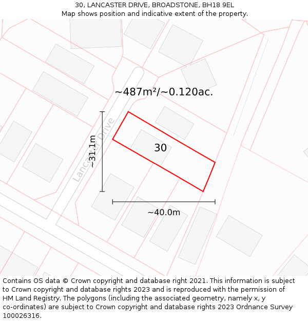 30, LANCASTER DRIVE, BROADSTONE, BH18 9EL: Plot and title map