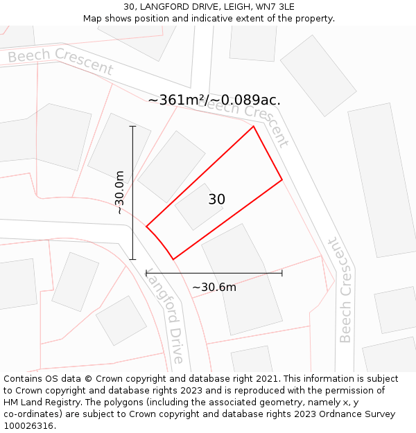 30, LANGFORD DRIVE, LEIGH, WN7 3LE: Plot and title map