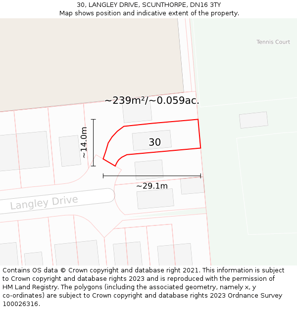 30, LANGLEY DRIVE, SCUNTHORPE, DN16 3TY: Plot and title map