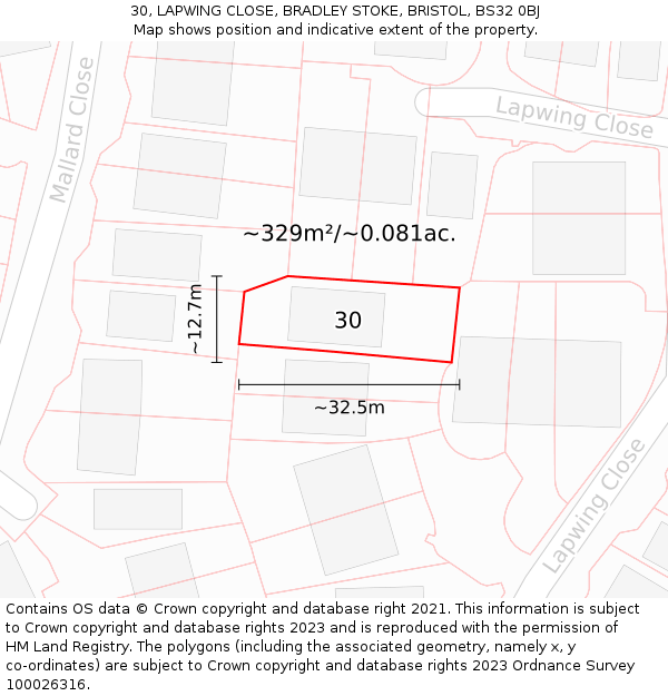 30, LAPWING CLOSE, BRADLEY STOKE, BRISTOL, BS32 0BJ: Plot and title map