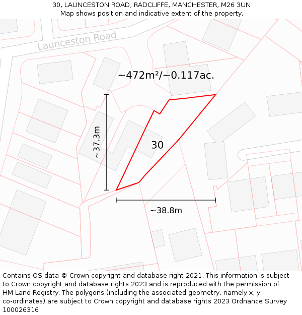 30, LAUNCESTON ROAD, RADCLIFFE, MANCHESTER, M26 3UN: Plot and title map