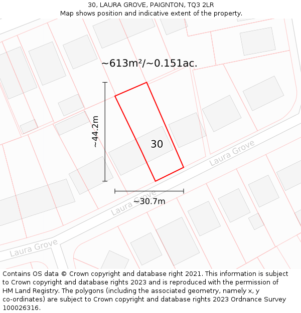 30, LAURA GROVE, PAIGNTON, TQ3 2LR: Plot and title map