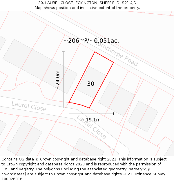 30, LAUREL CLOSE, ECKINGTON, SHEFFIELD, S21 4JD: Plot and title map