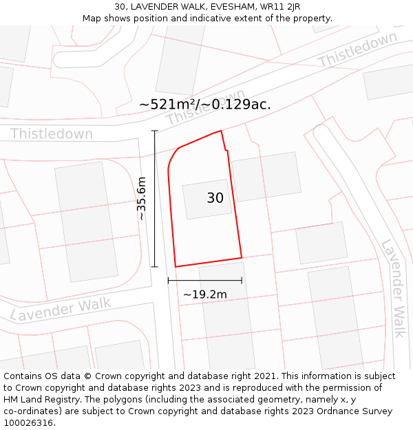 30, LAVENDER WALK, EVESHAM, WR11 2JR: Plot and title map