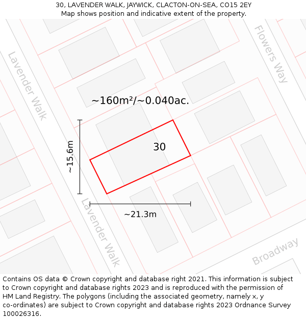 30, LAVENDER WALK, JAYWICK, CLACTON-ON-SEA, CO15 2EY: Plot and title map