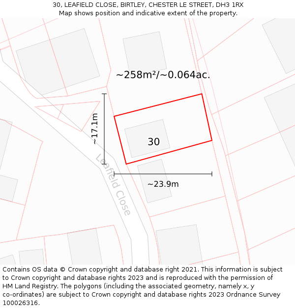 30, LEAFIELD CLOSE, BIRTLEY, CHESTER LE STREET, DH3 1RX: Plot and title map