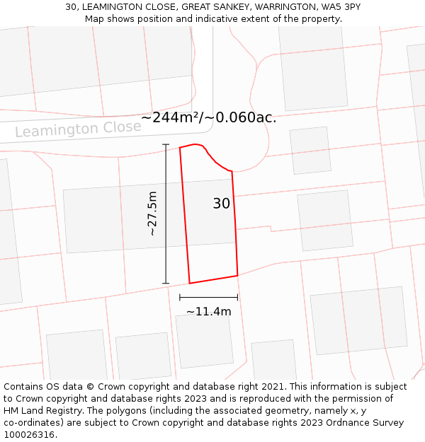 30, LEAMINGTON CLOSE, GREAT SANKEY, WARRINGTON, WA5 3PY: Plot and title map