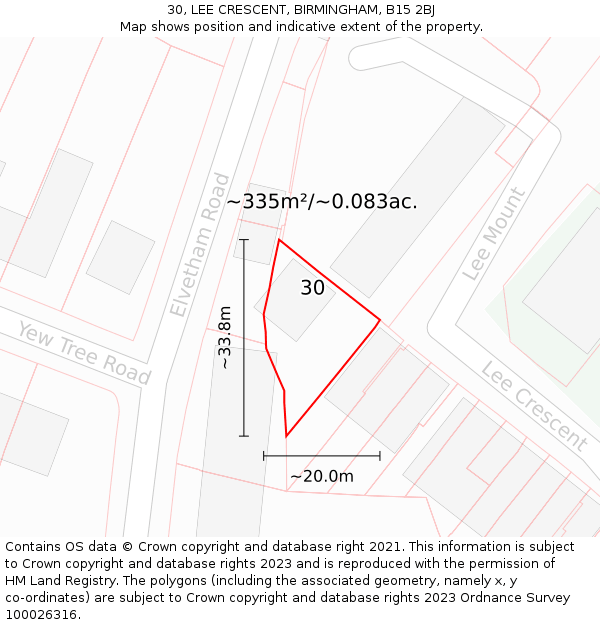 30, LEE CRESCENT, BIRMINGHAM, B15 2BJ: Plot and title map