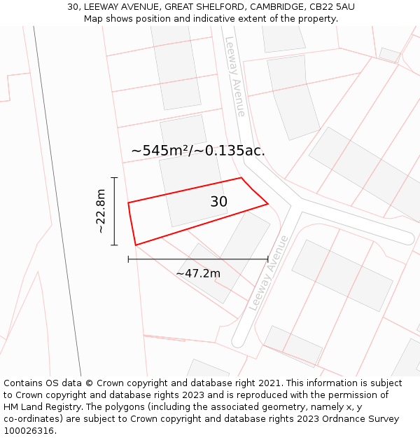30, LEEWAY AVENUE, GREAT SHELFORD, CAMBRIDGE, CB22 5AU: Plot and title map