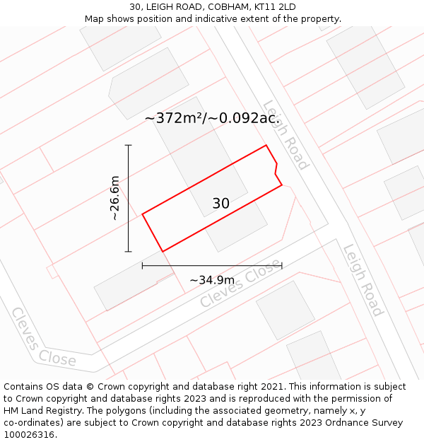 30, LEIGH ROAD, COBHAM, KT11 2LD: Plot and title map