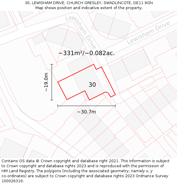30, LEWISHAM DRIVE, CHURCH GRESLEY, SWADLINCOTE, DE11 9GN: Plot and title map