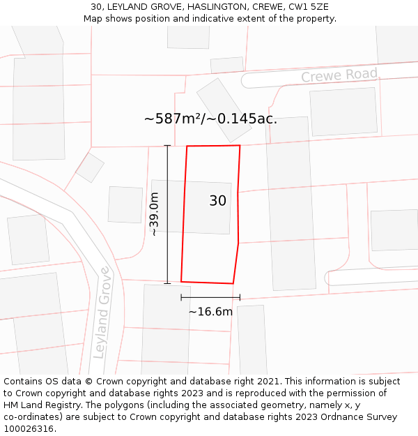 30, LEYLAND GROVE, HASLINGTON, CREWE, CW1 5ZE: Plot and title map