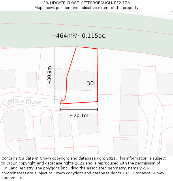 30, LIDGATE CLOSE, PETERBOROUGH, PE2 7ZA: Plot and title map