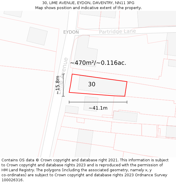 30, LIME AVENUE, EYDON, DAVENTRY, NN11 3PG: Plot and title map