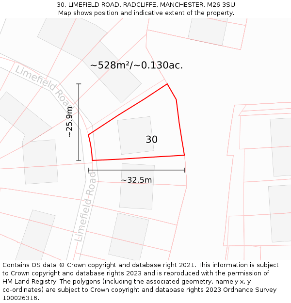 30, LIMEFIELD ROAD, RADCLIFFE, MANCHESTER, M26 3SU: Plot and title map