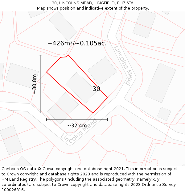 30, LINCOLNS MEAD, LINGFIELD, RH7 6TA: Plot and title map
