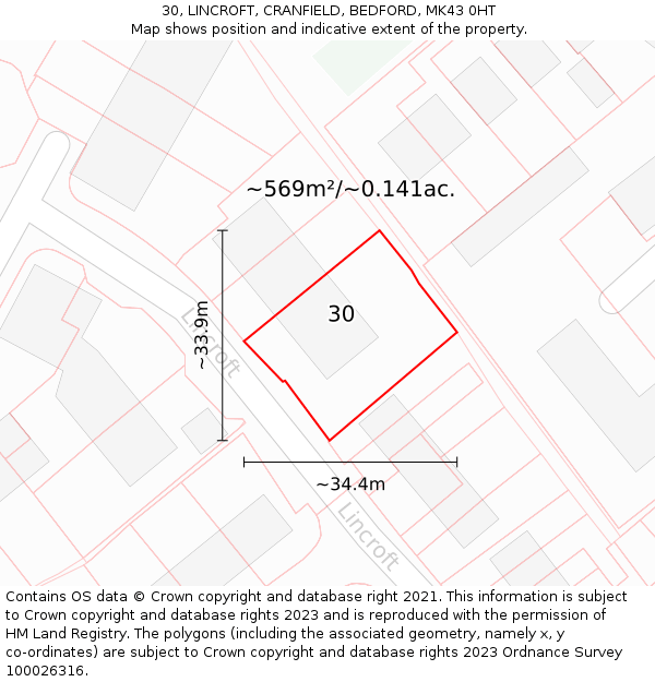 30, LINCROFT, CRANFIELD, BEDFORD, MK43 0HT: Plot and title map