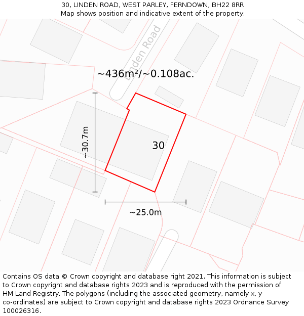 30, LINDEN ROAD, WEST PARLEY, FERNDOWN, BH22 8RR: Plot and title map