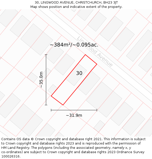 30, LINGWOOD AVENUE, CHRISTCHURCH, BH23 3JT: Plot and title map