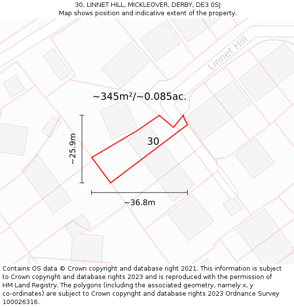 30, LINNET HILL, MICKLEOVER, DERBY, DE3 0SJ: Plot and title map