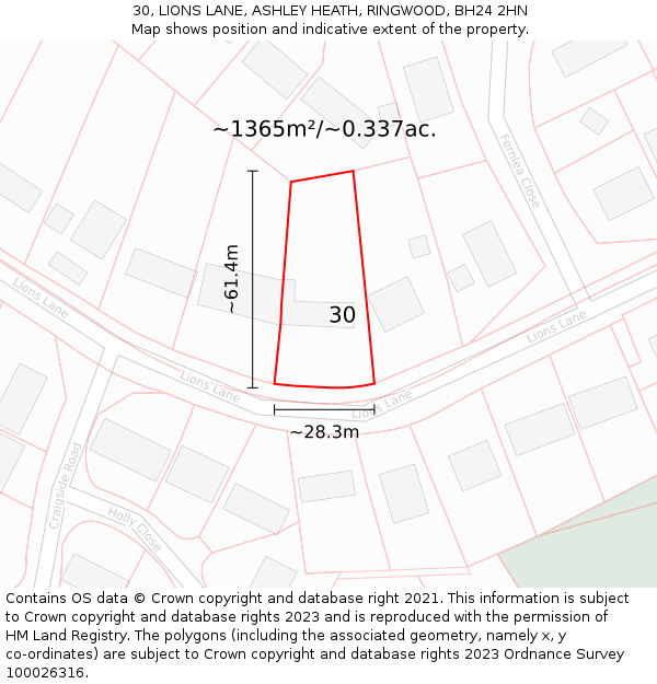 30, LIONS LANE, ASHLEY HEATH, RINGWOOD, BH24 2HN: Plot and title map