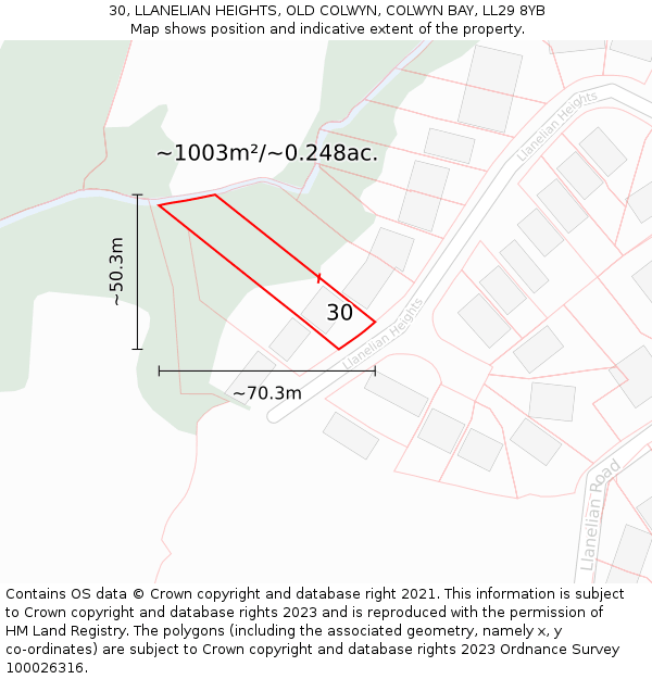 30, LLANELIAN HEIGHTS, OLD COLWYN, COLWYN BAY, LL29 8YB: Plot and title map