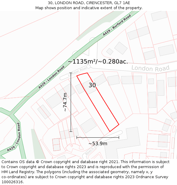 30, LONDON ROAD, CIRENCESTER, GL7 1AE: Plot and title map