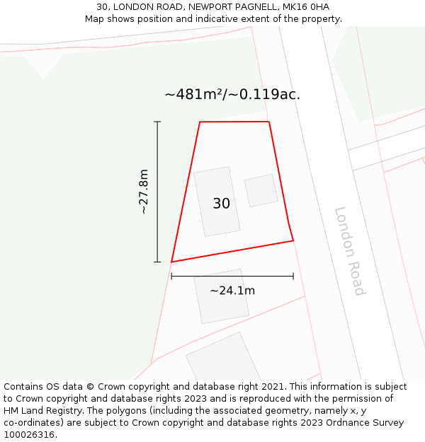 30, LONDON ROAD, NEWPORT PAGNELL, MK16 0HA: Plot and title map