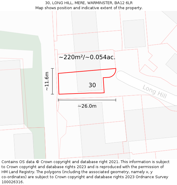 30, LONG HILL, MERE, WARMINSTER, BA12 6LR: Plot and title map