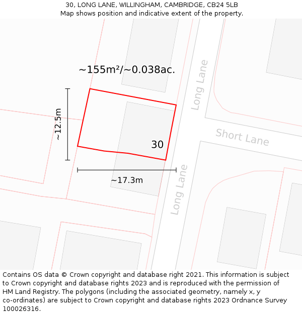 30, LONG LANE, WILLINGHAM, CAMBRIDGE, CB24 5LB: Plot and title map