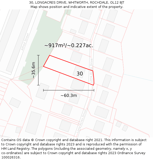 30, LONGACRES DRIVE, WHITWORTH, ROCHDALE, OL12 8JT: Plot and title map