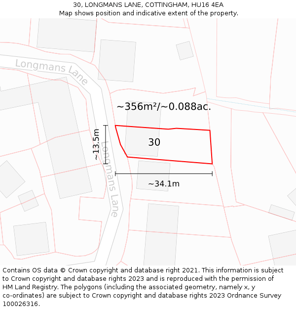 30, LONGMANS LANE, COTTINGHAM, HU16 4EA: Plot and title map