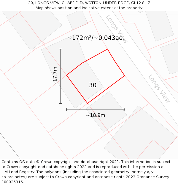 30, LONGS VIEW, CHARFIELD, WOTTON-UNDER-EDGE, GL12 8HZ: Plot and title map