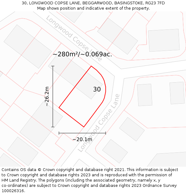 30, LONGWOOD COPSE LANE, BEGGARWOOD, BASINGSTOKE, RG23 7FD: Plot and title map