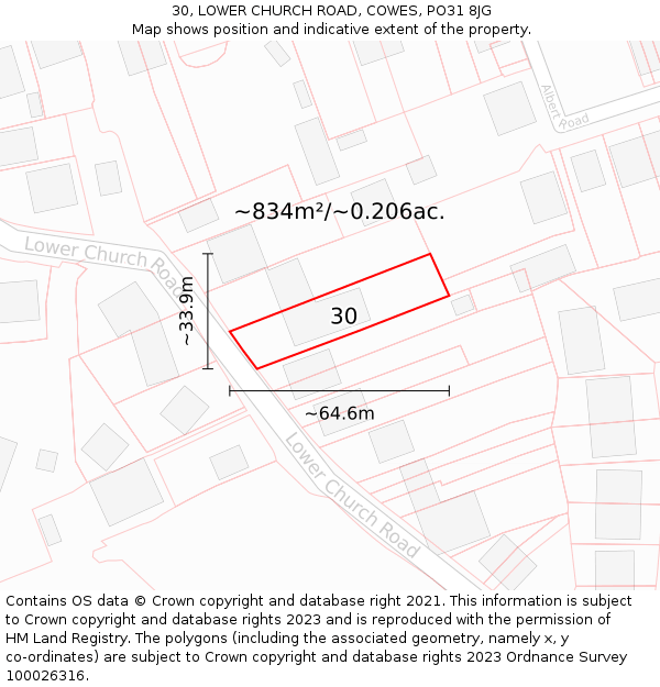 30, LOWER CHURCH ROAD, COWES, PO31 8JG: Plot and title map