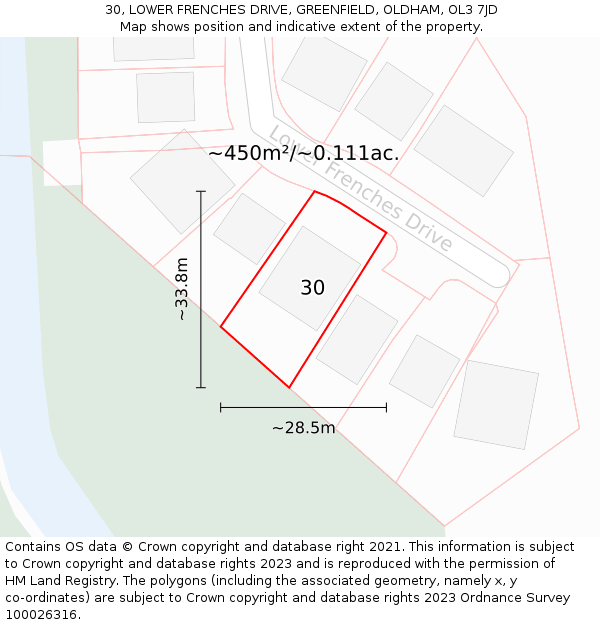30, LOWER FRENCHES DRIVE, GREENFIELD, OLDHAM, OL3 7JD: Plot and title map