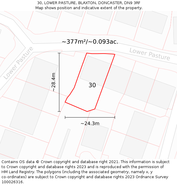 30, LOWER PASTURE, BLAXTON, DONCASTER, DN9 3RF: Plot and title map