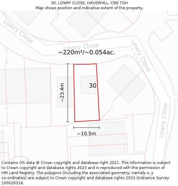 30, LOWRY CLOSE, HAVERHILL, CB9 7GH: Plot and title map