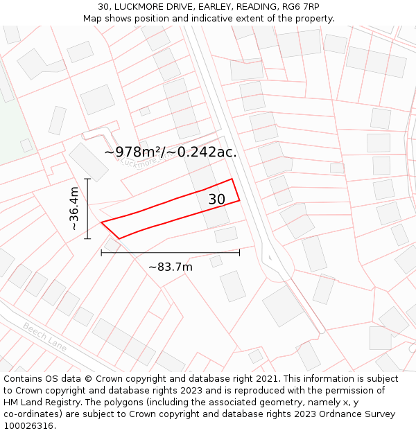 30, LUCKMORE DRIVE, EARLEY, READING, RG6 7RP: Plot and title map