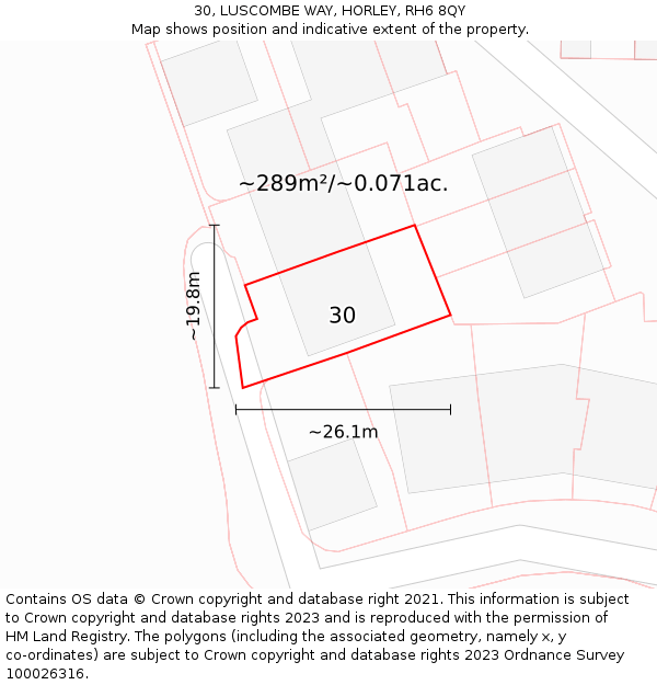 30, LUSCOMBE WAY, HORLEY, RH6 8QY: Plot and title map