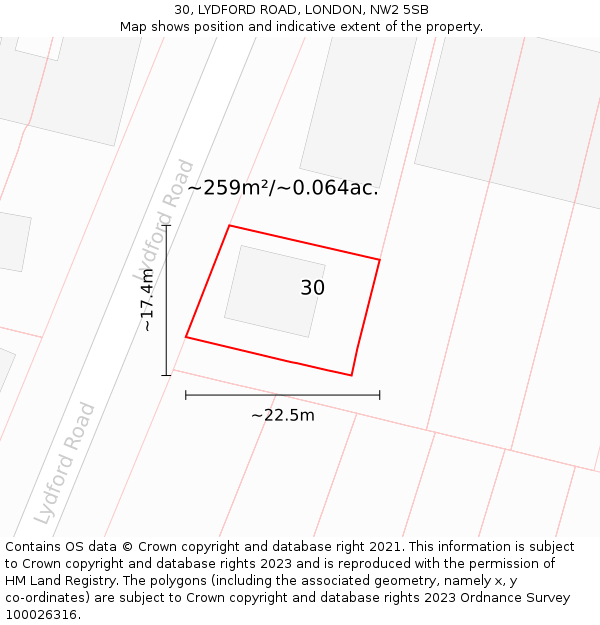 30, LYDFORD ROAD, LONDON, NW2 5SB: Plot and title map