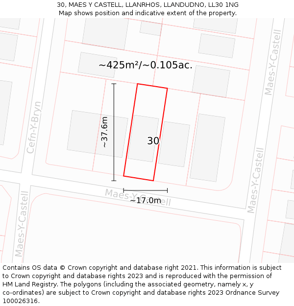 30, MAES Y CASTELL, LLANRHOS, LLANDUDNO, LL30 1NG: Plot and title map