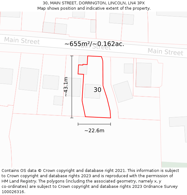 30, MAIN STREET, DORRINGTON, LINCOLN, LN4 3PX: Plot and title map