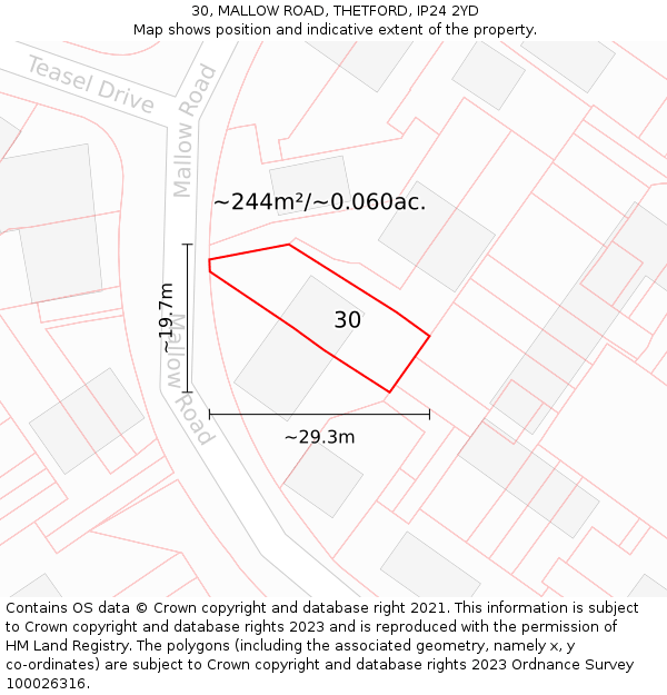 30, MALLOW ROAD, THETFORD, IP24 2YD: Plot and title map