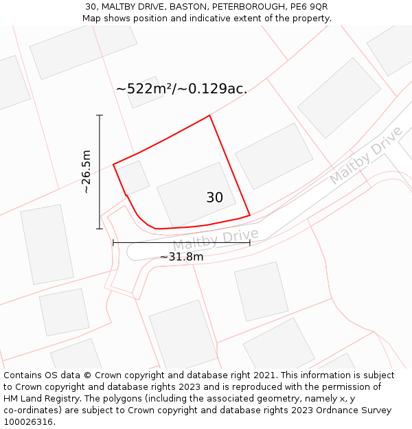 30, MALTBY DRIVE, BASTON, PETERBOROUGH, PE6 9QR: Plot and title map