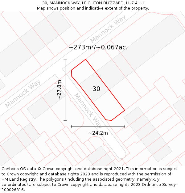 30, MANNOCK WAY, LEIGHTON BUZZARD, LU7 4HU: Plot and title map
