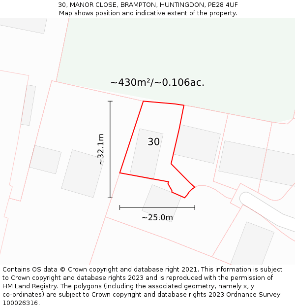 30, MANOR CLOSE, BRAMPTON, HUNTINGDON, PE28 4UF: Plot and title map