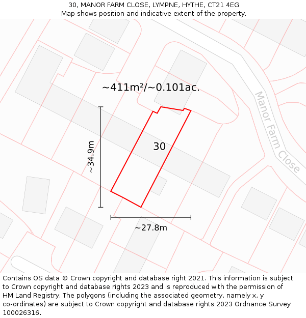 30, MANOR FARM CLOSE, LYMPNE, HYTHE, CT21 4EG: Plot and title map